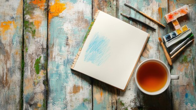 El espacio de trabajo del artista, el cuaderno de bocetos, las pinturas, los pinceles, el té.