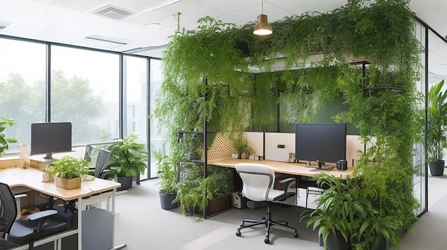 Espacio de trabajo de bioingeniería, paredes vivas y muebles productores de oxígeno