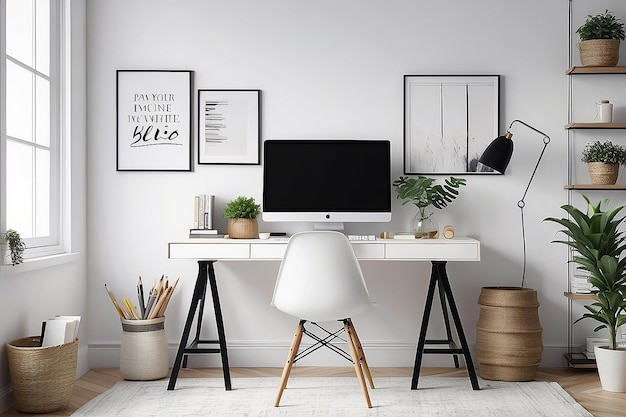 Espacio de trabajo Bliss Acogedor Mockup de oficina en casa con paredes blancas
