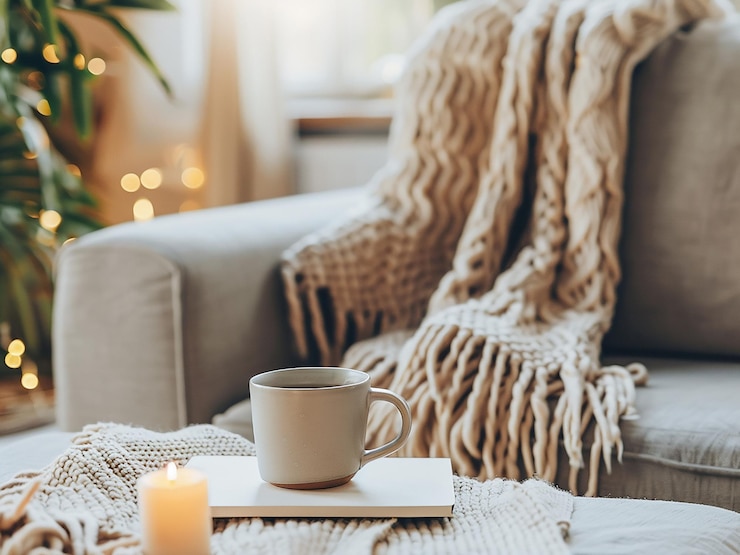 Foto el espacio de trabajo de los bloggers exuda hygge escandinavo con un sofá acogedor y cuadros de punto