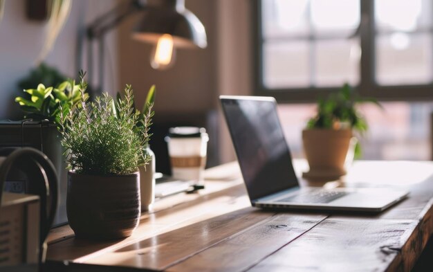 Espacio de trabajo en casa organizado con una computadora portátil y una planta en maceta