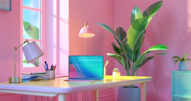 Espacio de trabajo casero moderno y colorido con computadora portátil y papelería