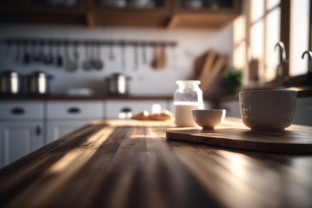 Espacio de trabajo de cocina con mesa de madera