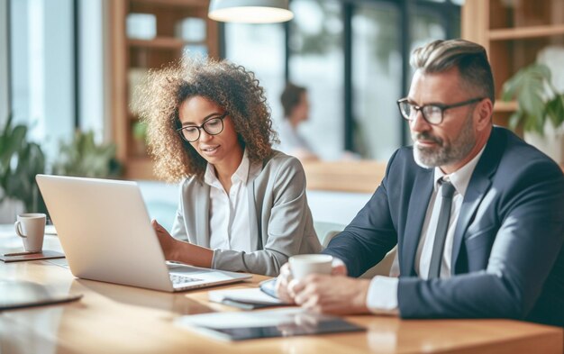 Espacio de trabajo colaborativo Diversos empresarios sonriendo mientras trabajan en la computadora portátil