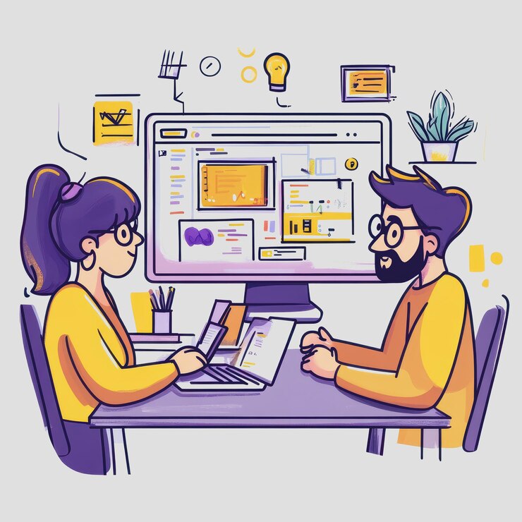 Foto espacio de trabajo colaborativo con jóvenes profesionales dedicados a la lluvia de ideas creativas y al diseño digital en pantallas de computadora