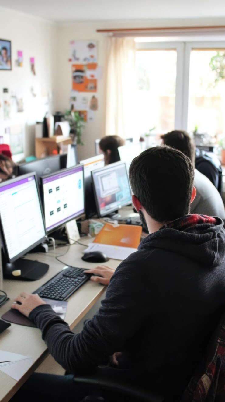 Foto un espacio de trabajo colaborativo con personas que trabajan en computadoras en un entorno de oficina luminoso