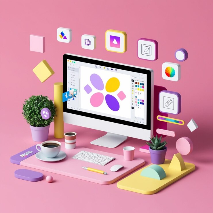 Espacio de trabajo de colores pastel con PC montado en el escritorio y elementos 3D de la oficina