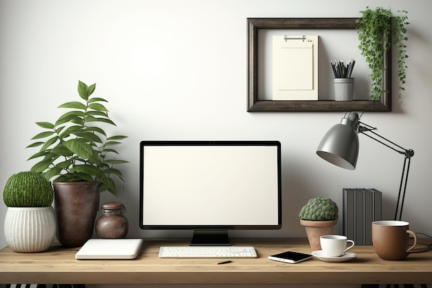 Un espacio de trabajo cómodo con un escritorio de madera, libros, una planta de interior, un jarrón de cerámica y un área para copiar