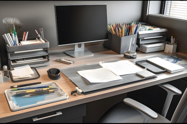 Espacio de trabajo con computadora y papelería en una mesa de madera