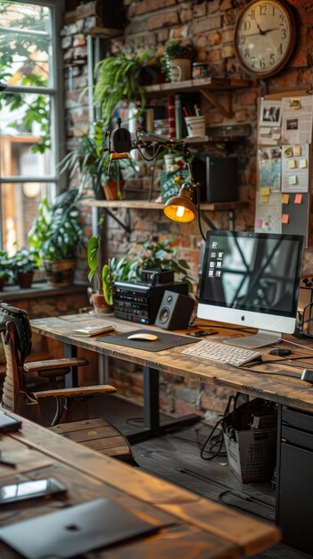 Foto espacio de trabajo con computadora y plantas