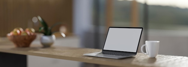 Espacio de trabajo con computadora portátil en blanco y espacio de copia en la representación 3d de la mesa de madera