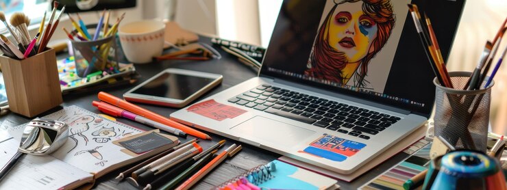 Foto espacio de trabajo creativo con computadora portátil y suministros de arte en el escritorio en la oficina doméstica moderna