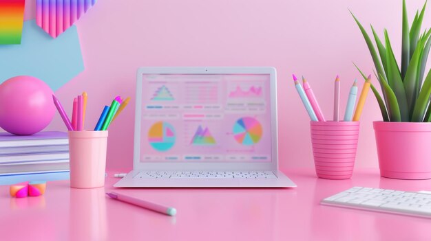 Espacio de trabajo creativo moderno con gráficos y gráficos de SEO pastel para ideas de creación de contenido fresco