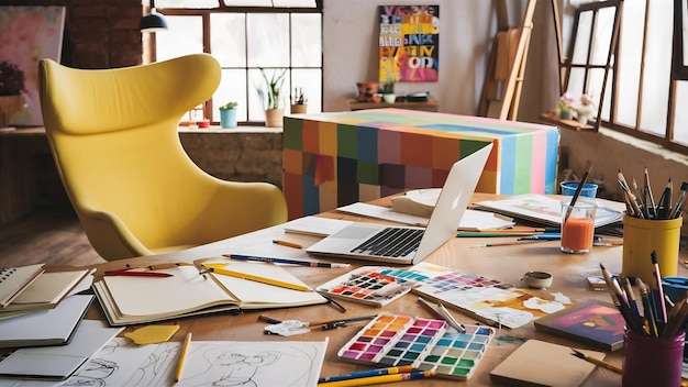 Espacio de trabajo creativo con silla y caja amarillas