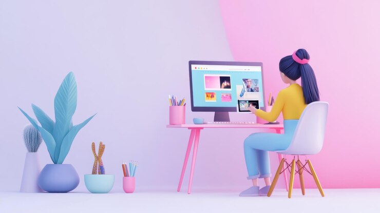 Foto un espacio de trabajo digital con una persona usando una computadora en un elegante escritorio de tema rosa