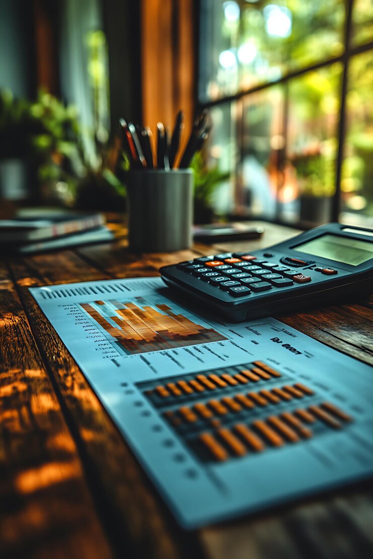 Un espacio de trabajo con documentos financieros una calculadora y plantas