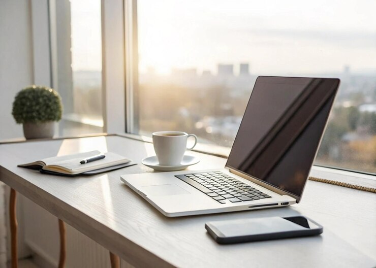 Espacio de trabajo doméstico moderno con luz solar