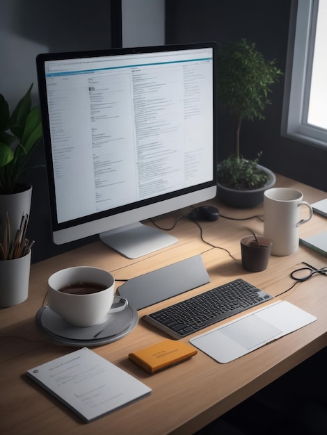 Espacio de trabajo elegante con computadora en casa o estudio