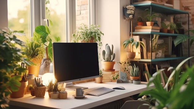Espacio de trabajo elegante con computadora de escritorio, suministros de oficina, plantas de interior, IA generativa
