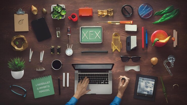 Foto espacio de trabajo de escritorio con varios elementos
