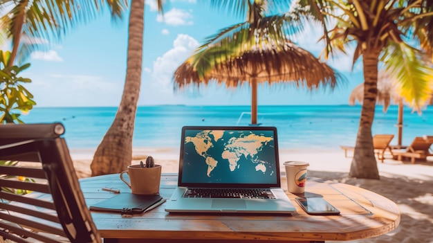Un espacio de trabajo está serenamente instalado en una playa con una computadora portátil abierta en una pantalla de mapa del mundo que indica una oficina tropical de nómadas digitales que mezcla trabajo y ocio en un entorno idílico junto al mar