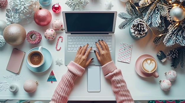 Espacio de trabajo festivo con decoración navideña