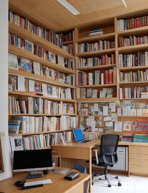 Foto espacio de trabajo de la habitación en casa con estantes de libros de computadora