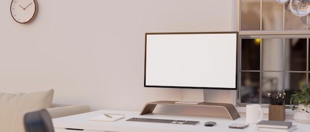 Espacio de trabajo en el hogar en la sala de estar mínima con maqueta de computadora de escritorio en la mesa