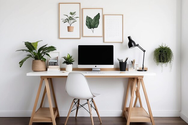 Espacio de trabajo de inspiración escandinava con un escritorio blanco limpio decoración minimalista y acentos de madera natural