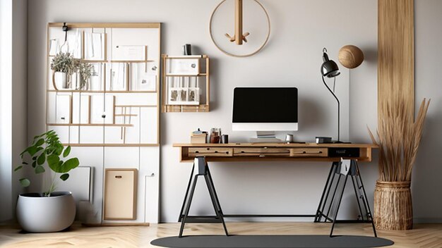 Espacio de trabajo de inspiración escandinava con un escritorio de pie y una decoración minimalista