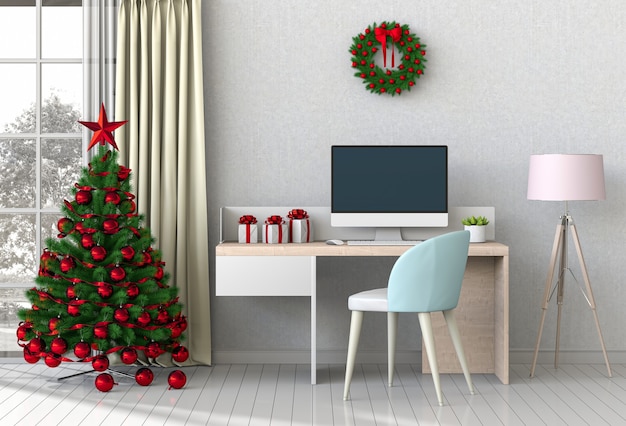 Espacio de trabajo interior de Navidad con computadora. Render 3d