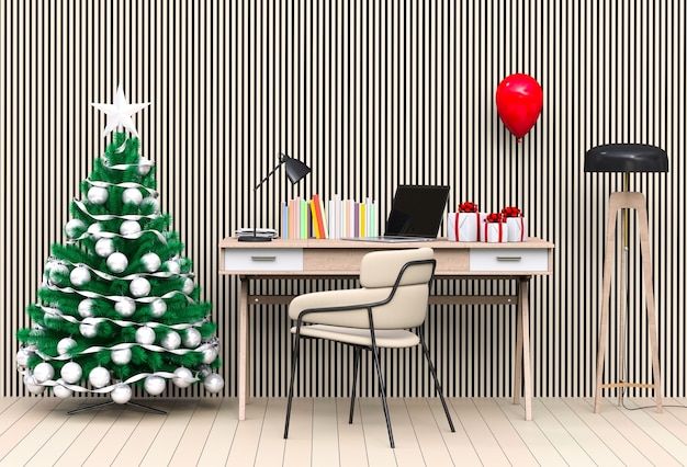 Espacio de trabajo interior de Navidad con computadora. Render 3d