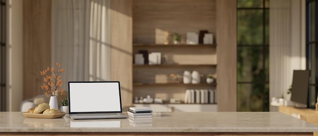 Un espacio de trabajo con una maqueta de pantalla blanca de portátil sobre una mesa en una sala de estar moderna