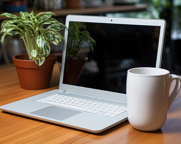 Foto un espacio de trabajo minimalista con un compañero de café en la imagen formal de una reunión de negocios en el portátil