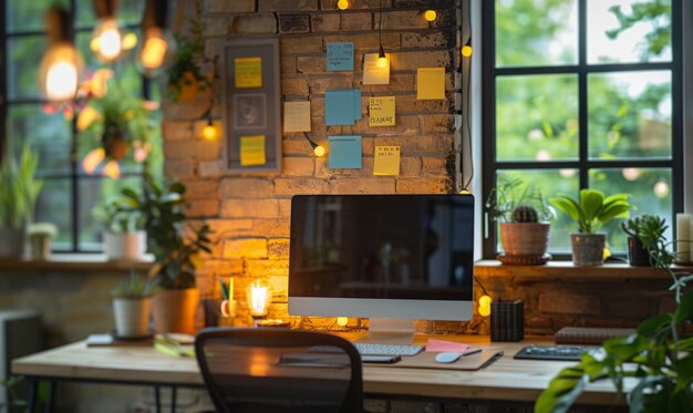 Un espacio de trabajo minimalista con una computadora de escritorio notas adhesivas en la pared y una cita motivacional enmarcada en el escritorio