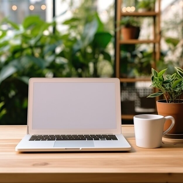 Espacio de trabajo minimalista con computadora portátil y taza de café