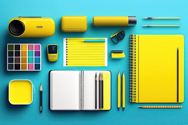 Espacio de trabajo minimalista creativo para la escuela o la oficina con suministros amarillos en fondo cian