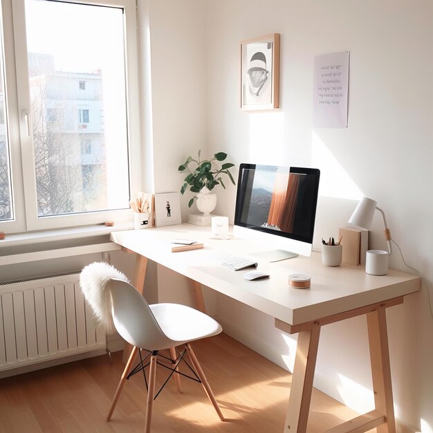 Espacio de trabajo minimalista en el hogar con luz natural