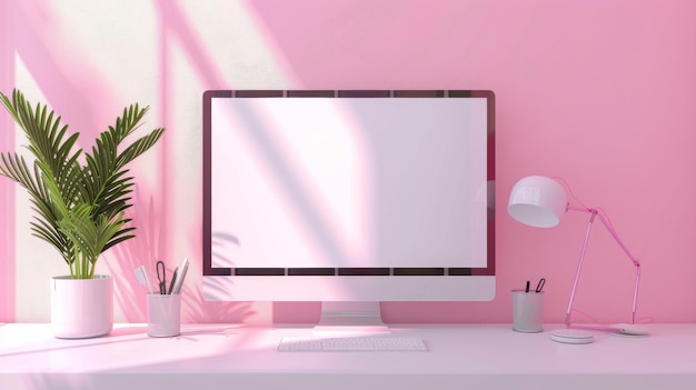Espacio de trabajo minimalista con monitor de computadora y decoración rosada en el entorno de la oficina en el hogar