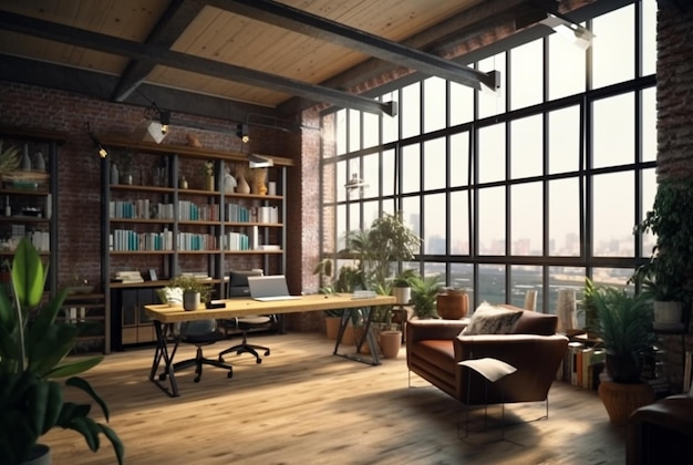 Espacio de trabajo moderno en ai generativo de estilo industrial loft