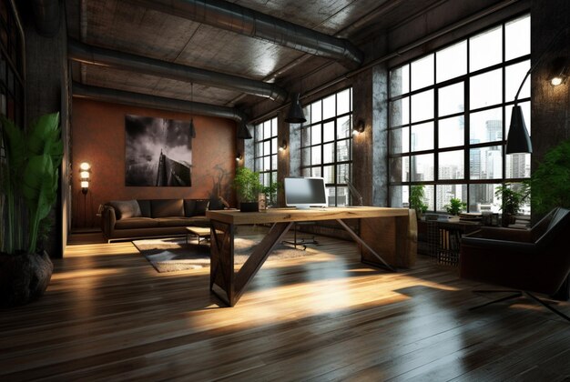 Espacio de trabajo moderno en ai generativo de estilo industrial loft