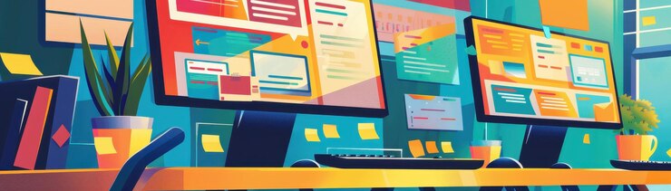 Foto espacio de trabajo moderno y colorido con dos monitores, libros de teclado y notas adhesivas en un entorno de oficina
