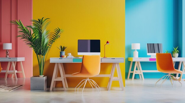 Foto un espacio de trabajo moderno y colorido con una mezcla lúdica de tonos brillantes y líneas limpias complementadas por muebles minimalistas simples