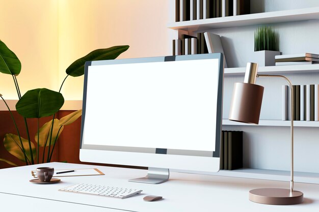 Espacio de trabajo moderno con computadora de escritorio y decoración acogedora Rendering 3D