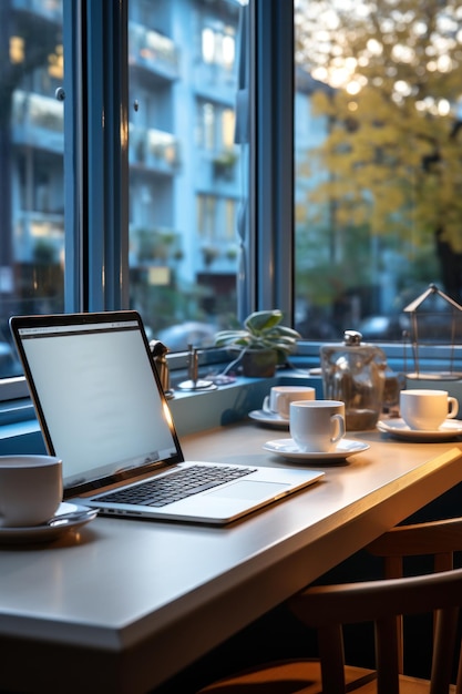 Espacio de trabajo moderno con una computadora portátil elegante y una copa blanca prístina imagen de reunión de negocios profesional
