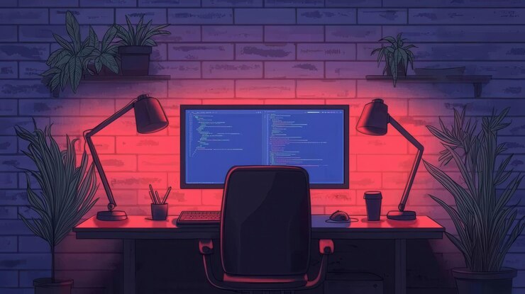 Foto un espacio de trabajo moderno con una configuración de computadora con plantas de iluminación de colores y una atmósfera acogedora ideal para codificar o jugar