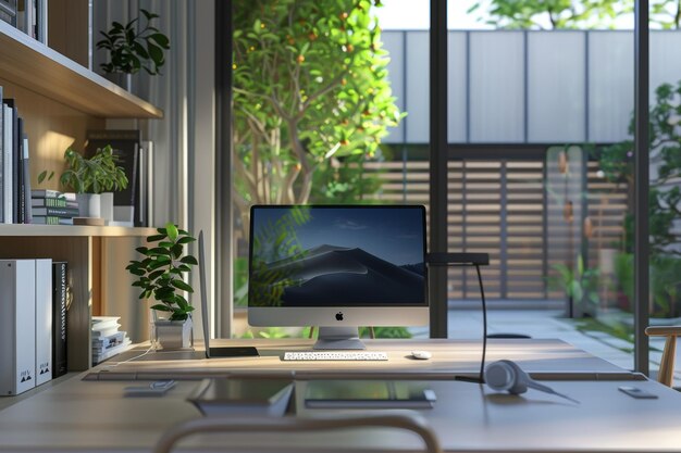 Foto espacio de trabajo moderno con imac y telón de fondo de jardín tranquilo