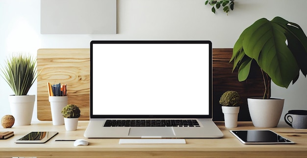 Espacio de trabajo moderno con pantalla en blanco portátil marco blanco imagen generada por IA
