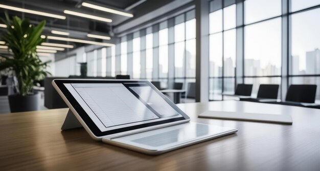 Espacio de trabajo moderno con portátil elegante y vista a la ciudad