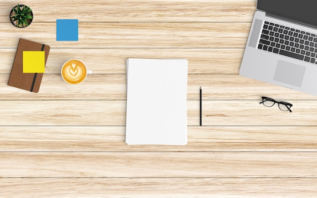 Espacio de trabajo moderno con taza de café, papel, cuaderno, tableta o teléfono inteligente y computadora portátil en madera